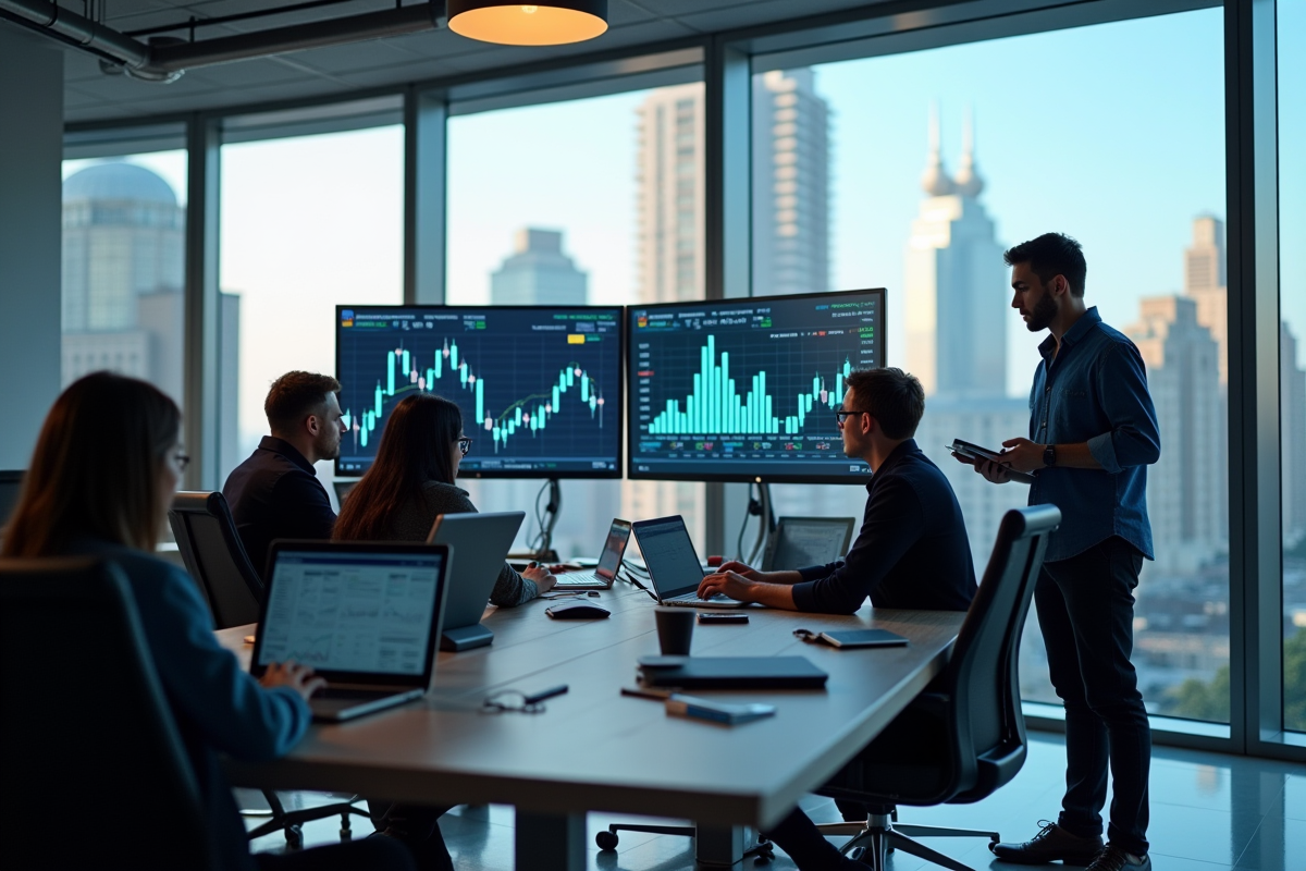 Equipe fintech moderne dans un bureau lumineux avec écrans financiers