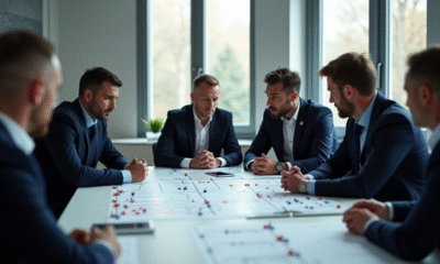 Réunion d'equipes de football avec tableaux tactiques
