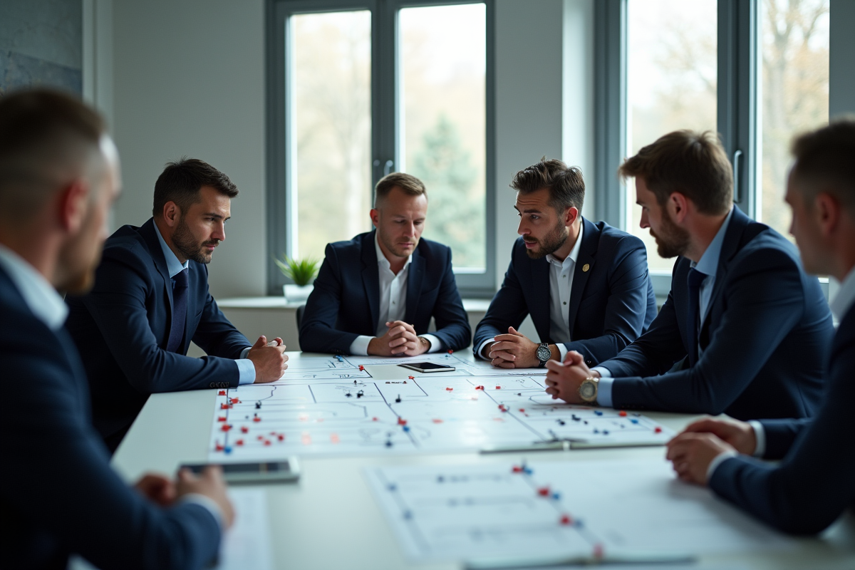 Réunion d'equipes de football avec tableaux tactiques