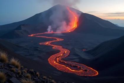 Coulées de lave en fusion descendant les flancs de l'Etna lors d'une éruption volcanique récente, vue grand angle sur le paysage basaltique noir