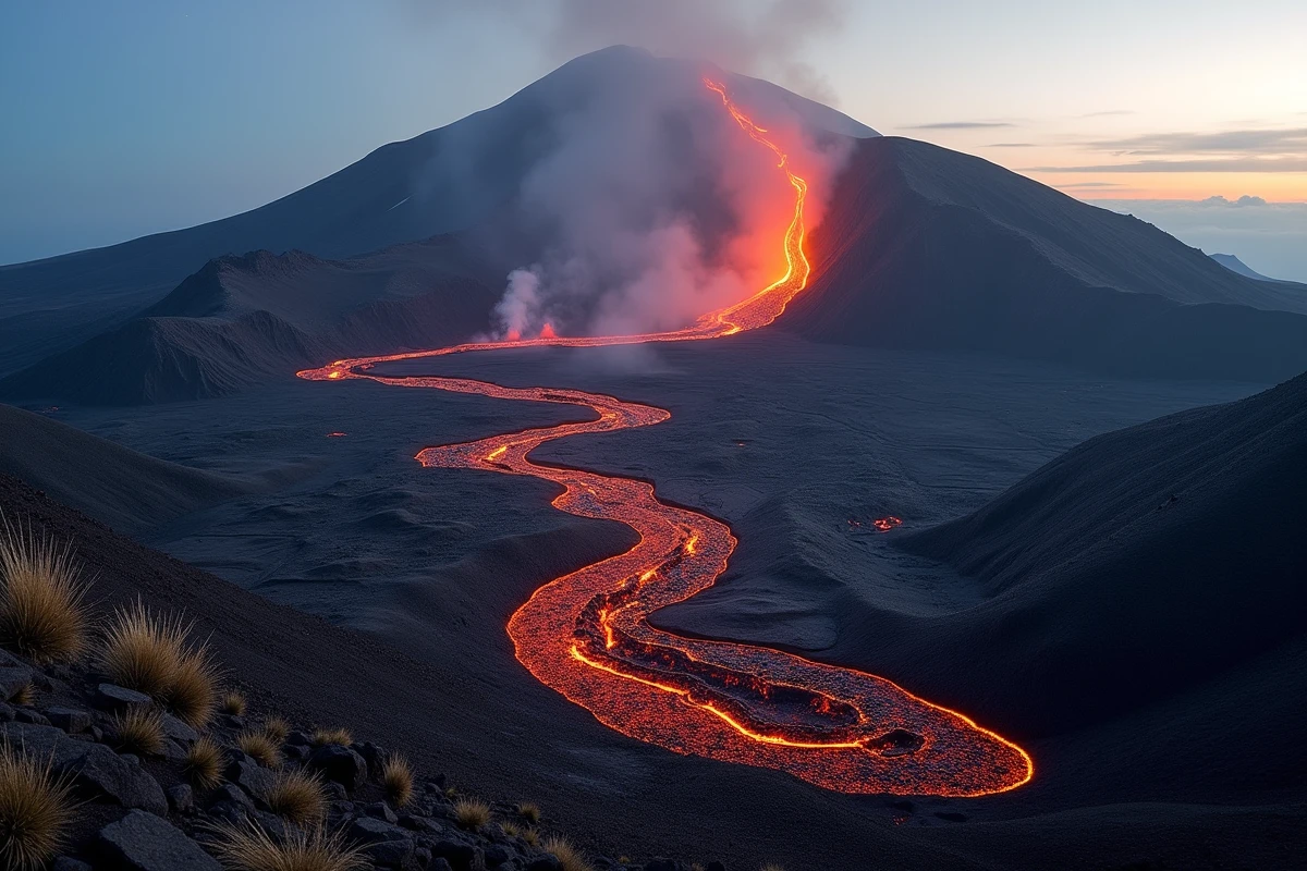 Coulées de lave en fusion descendant les flancs de l'Etna lors d'une éruption volcanique récente, vue grand angle sur le paysage basaltique noir