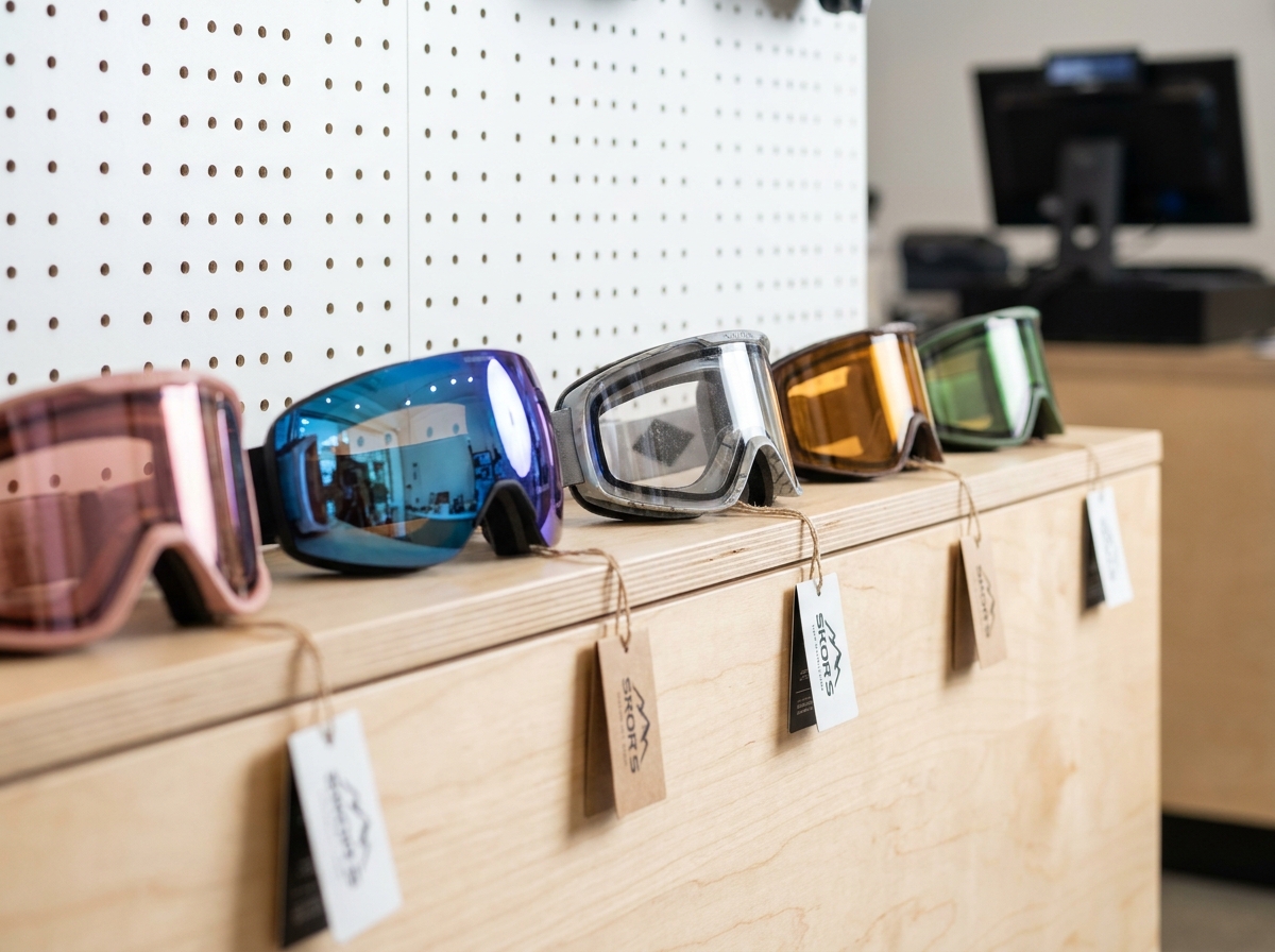 Étalage de lunettes et masques de ski colorés dans une boutique de sport spécialisée