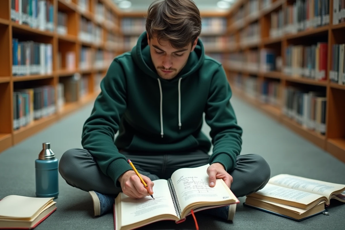 Étudiant annotant un tableau de conversion litres et mètres cubes dans une bibliothèque universitaire