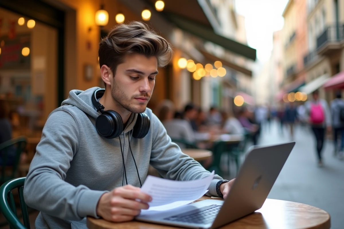 Étudiant marseillais travaillant à la terrasse d'un café près d'un campus universitaire de la ville