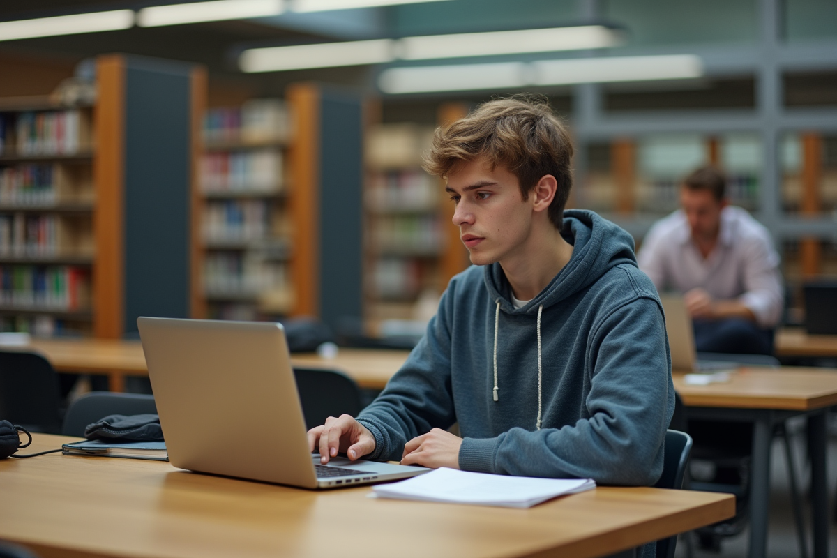 Etudiant en bibliothèque étudiant avec ordinateur portable