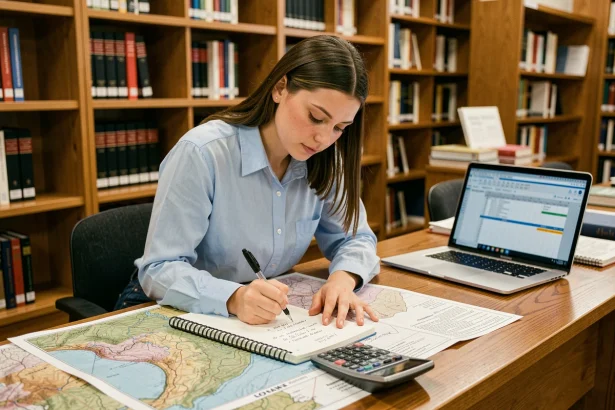 Étudiante convertissant des hectares en kilomètres carrés sur ses notes de cours dans une bibliothèque universitaire