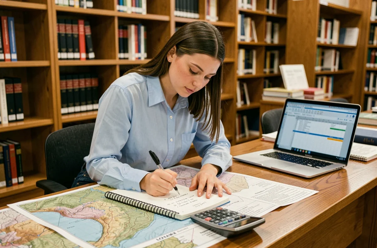 Étudiante convertissant des hectares en kilomètres carrés sur ses notes de cours dans une bibliothèque universitaire