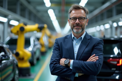 Cadre d'un dirigeant automobile confiant dans une usine moderne