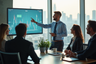 Cadre confiant analysant un graphique financier numérique dans un bureau moderne