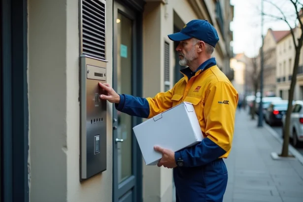 Facteur en uniforme La Poste sonnant à l'interphone d'un immeuble pour livrer un colis Colissimo le samedi matin