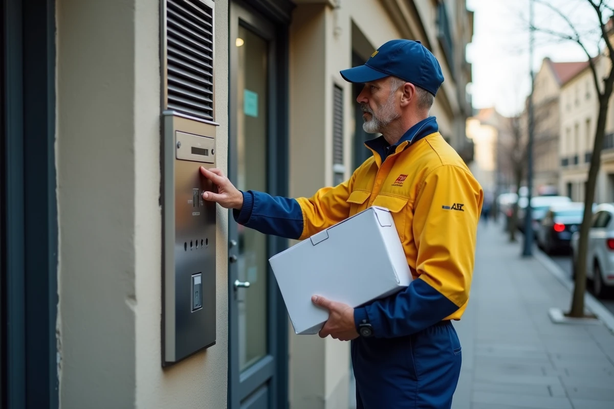 Facteur en uniforme La Poste sonnant à l'interphone d'un immeuble pour livrer un colis Colissimo le samedi matin