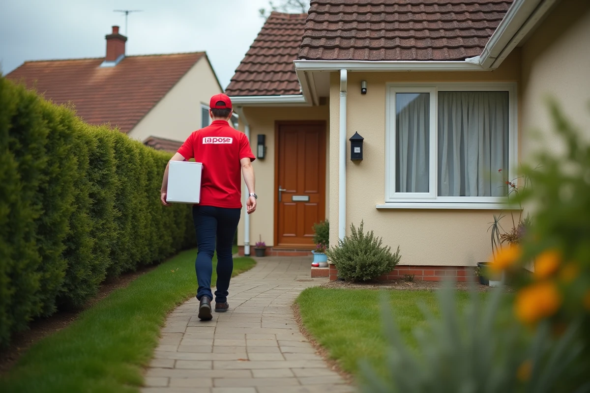 Factrice La Poste livrant un colis Colissimo devant une maison individuelle le samedi avec boîte aux lettres visible