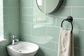 Salle de bain moderne avec carrelage en faïence vert sauge posé en métro, lavabo blanc et robinetterie chromée