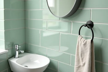 Salle de bain moderne avec carrelage en faïence vert sauge posé en métro, lavabo blanc et robinetterie chromée