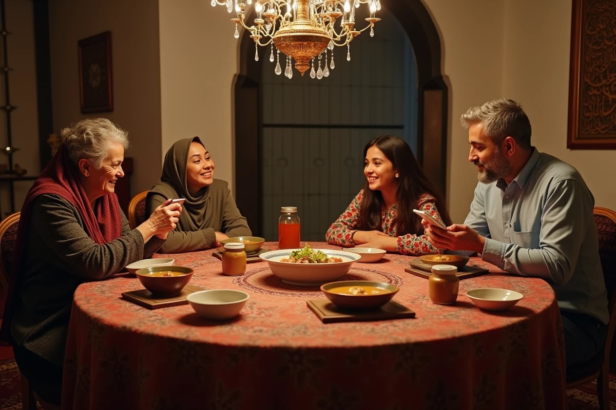 Famille algérienne réunie autour de la table du ftour échangeant des vœux de Saha Ftourek avec bienveillance