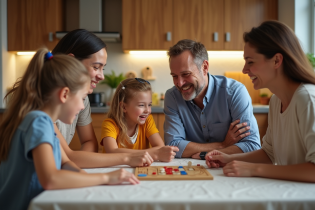 Famille melangee autour d'une table de cuisine chaleureuse