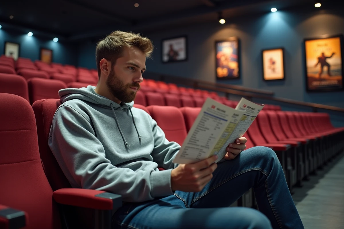 Fan de cinéma dans un hall de multiplexe tenant un programme de films, reflétant l'attente autour d'Amazing Spider-Man 3 face aux productions Marvel Studios