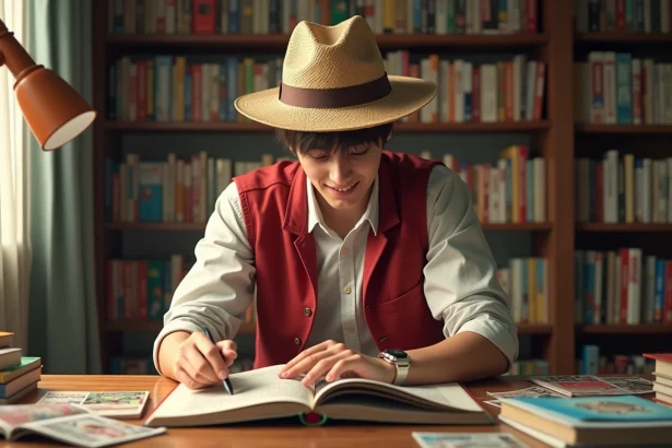 Jeune fan de manga lisant One Piece assis à son bureau entouré de volumes et de pages de scan