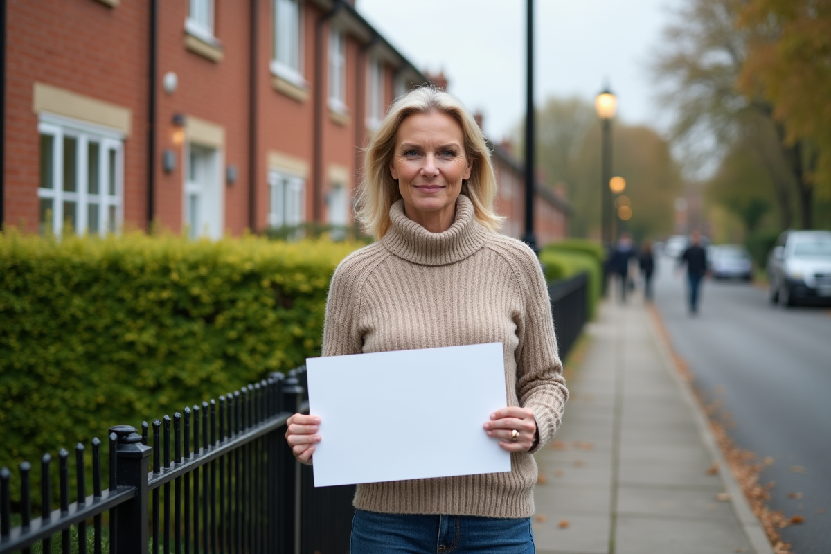 Femme tenant une pancarte a vendre devant sa maison en ville
