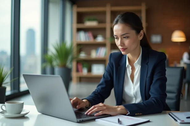 Femme consultant les actualités importantes sur ordinateur portable et tablette dans un bureau moderne