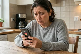 Femme inquiète regardant un appel entrant avec l'indicatif pays 212 sur son smartphone dans une cuisine