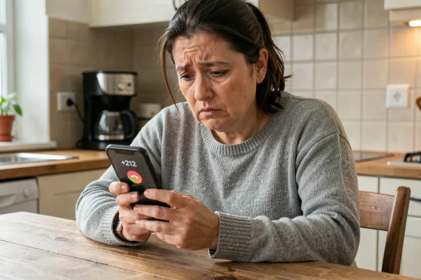 Femme inquiète regardant un appel entrant avec l'indicatif pays 212 sur son smartphone dans une cuisine