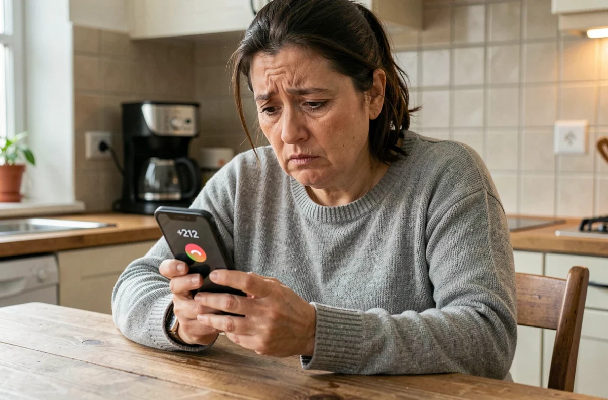 Femme inquiète regardant un appel entrant avec l'indicatif pays 212 sur son smartphone dans une cuisine