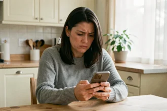 Femme regardant son smartphone avec une expression dubitative, illustrant la réception d'un appel avec l'indicatif 49