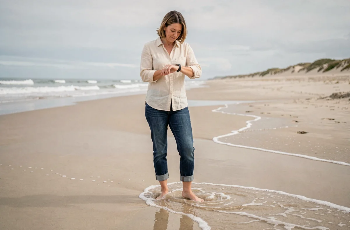 Femme debout au bord de l'eau à Capbreton consultant l'heure des marées à sa montre