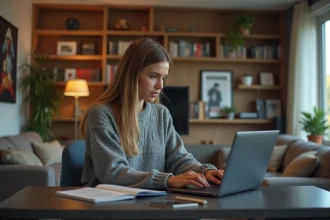 Jeune femme au bureau regardant 1 Jour 1 Film