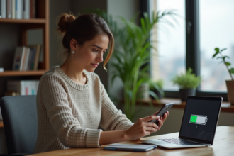 Femme d'affaires au bureau avec tablette et ordinateur