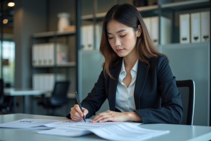 Jeune femme en costume vérifiant des documents GDPR au bureau