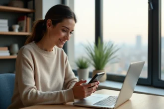 Femme assise à un bureau moderne avec ordinateur portable
