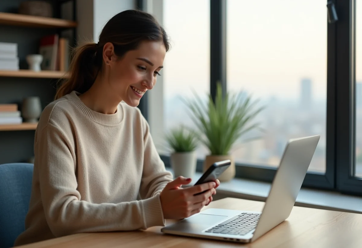Femme assise à un bureau moderne avec ordinateur portable