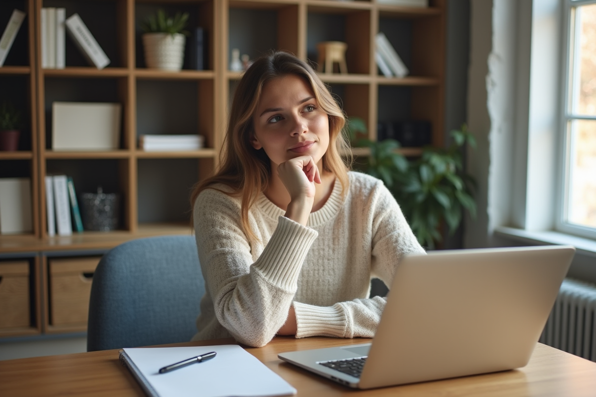 Jeune femme au bureau compare deux ordinateurs portables