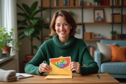 Femme souriante recevant un bon cadeau créatif à la maison