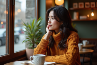 Femme pensante dans un café automnal cosy