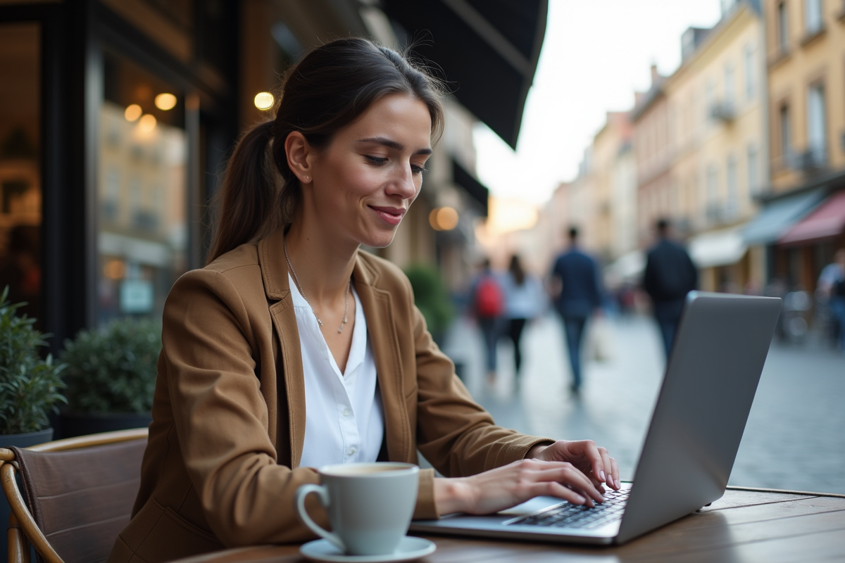 Jeune femme au café analysant des graphiques financiers