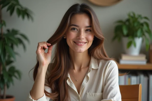 Femme aux cheveux longs et bruns souriante dans un intérieur cosy