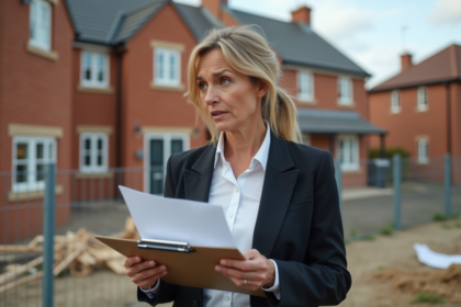 Femme d affaires examine un chantier suburban en construction