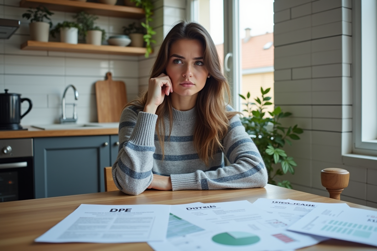 Jeune femme vérifiant DPE dans sa cuisine