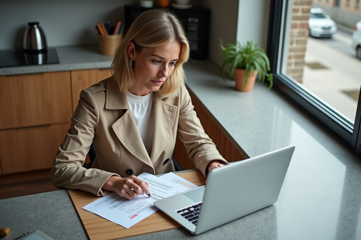 Femme comparant un devis de ravalement dans sa cuisine lumineuse