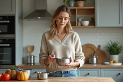 Femme en cuisine examinant une casserole avec attention