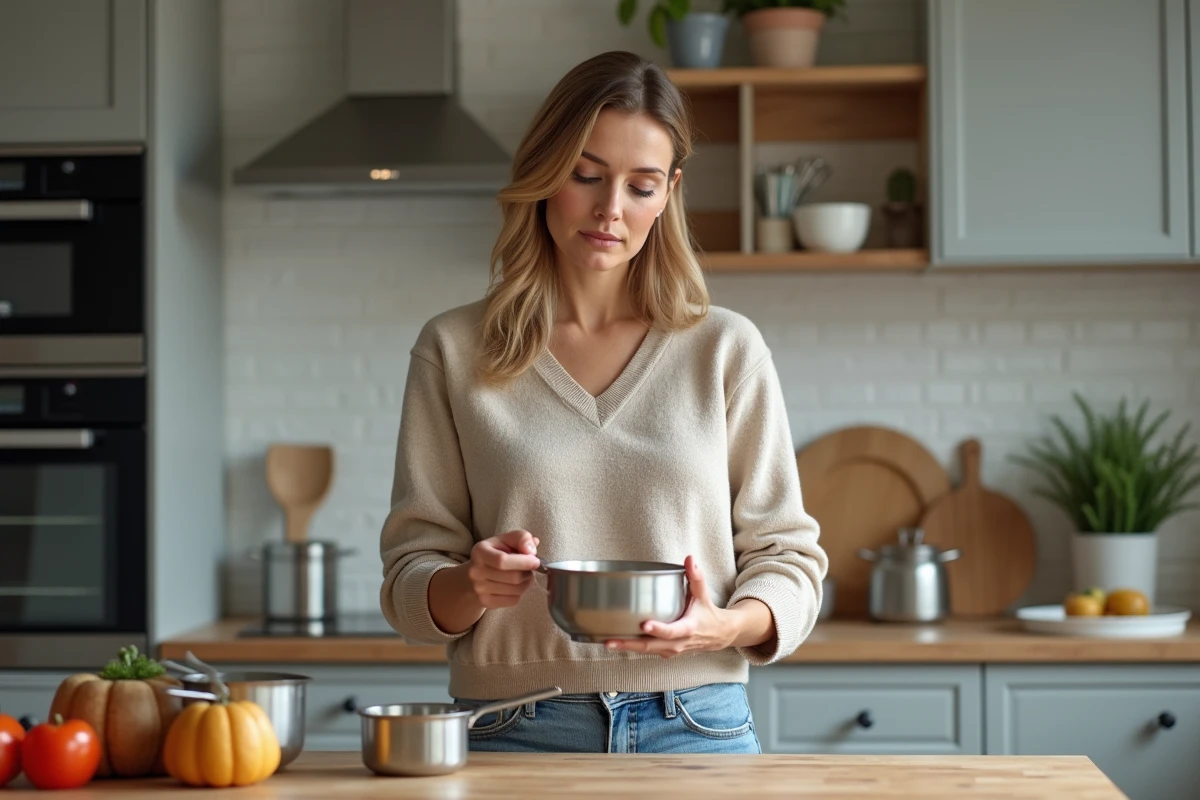 Femme en cuisine examinant une casserole avec attention