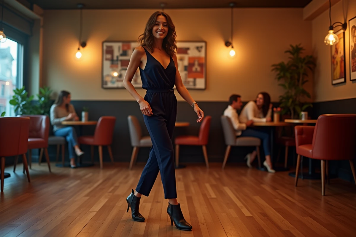 Femme en jumpsuit dansant dans un bar à Strasbourg