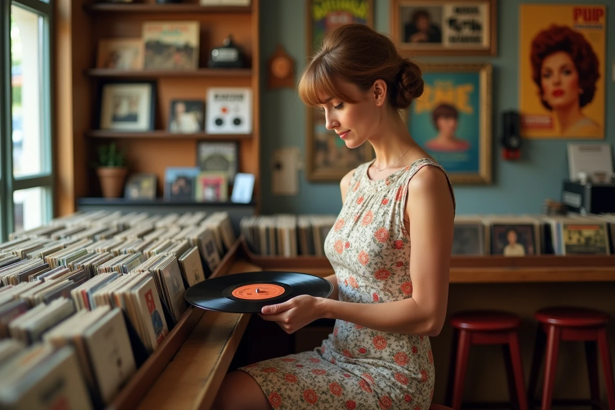 Femme élégante en robe années 60 tenant un disque vinyle dans un magasin de disques rétro