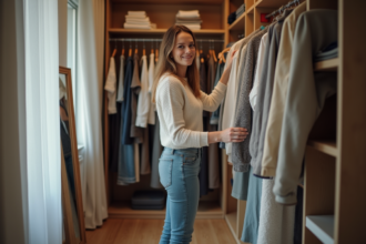 Femme dans sa chambre organisée en train de choisir une tenue