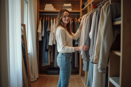Femme dans sa chambre organisée en train de choisir une tenue