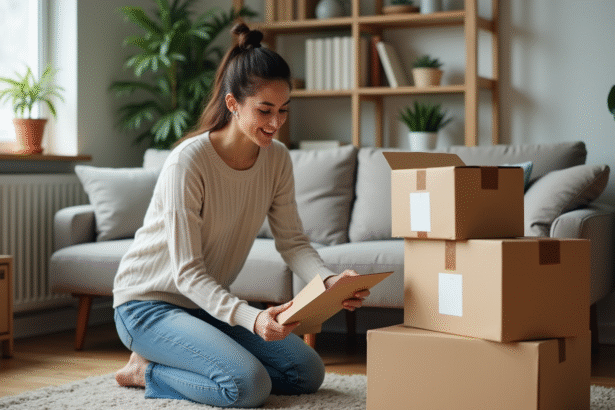 Femme examinant un colis mystérieux dans un salon cosy