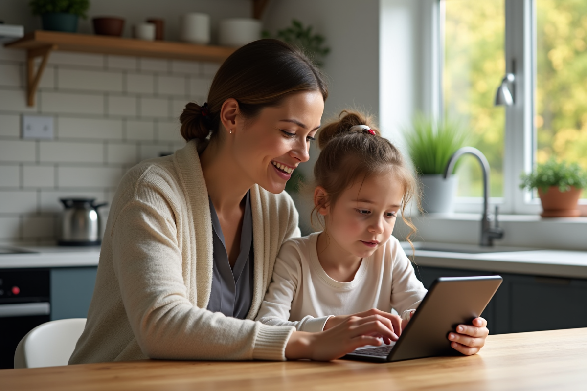 Femme et fille regardant une tablette dans une cuisine chaleureuse